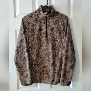Lands End Leopard Fleece Quarter Zip Sweater